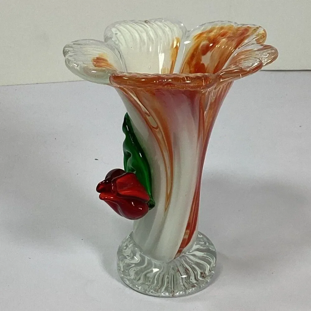 Hand Blown Art Glass Vase Orange White Swirl Ruffled MCM Decor